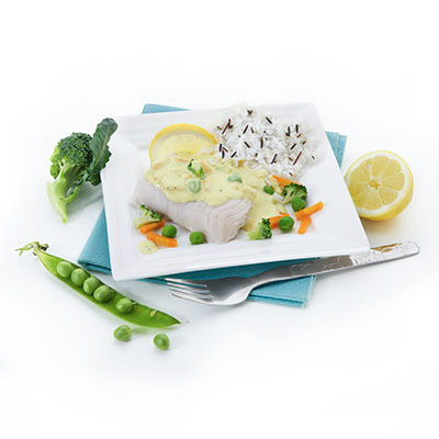 Seehecht in Zitronensauce mit zweierlei Reis